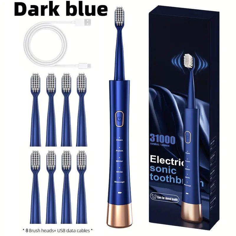 Electric Toothbrush, 1 Box USB Rechargeable Sonic Toothbrush with 8 Counts Replacement Brush Head & Storage Box, Portable Toothbrush for Adults