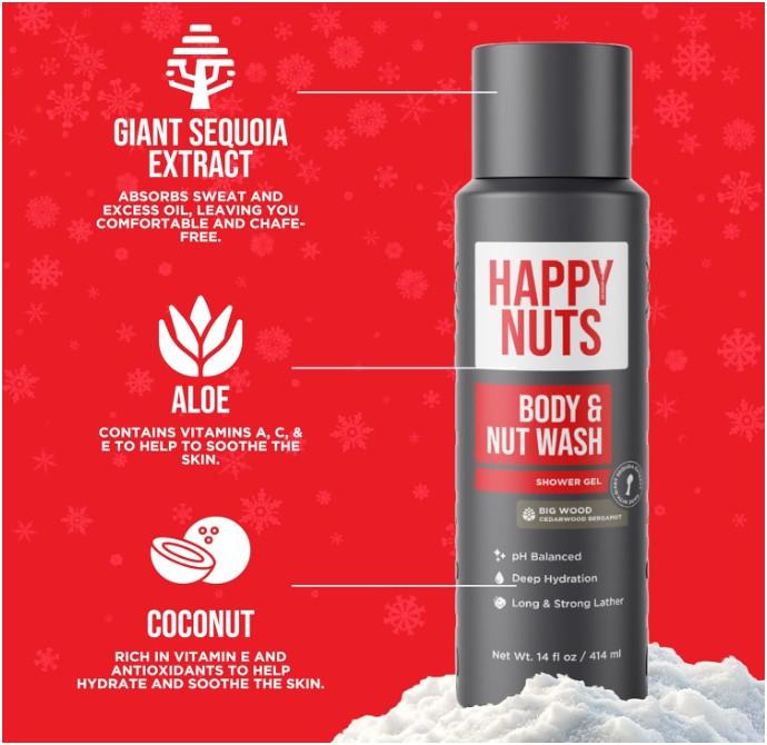 HAPPY NUTS Big Wood Body and Nut Wash - Moisturizing Men's Shower Gel, Bodywash with Deep Cleanse for Sensitive Skin - Men's Body Soap