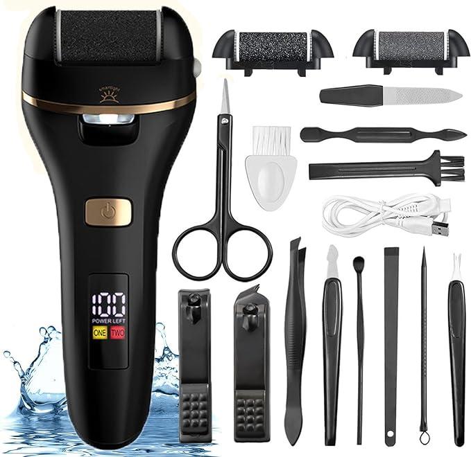 Electric Foot Callus Remover, File Pedicure Tools Kit for Feet Care, Rechargeable Dead Skin Remover Dry Crack with 2 Speed, Battery Display, LED Light Design