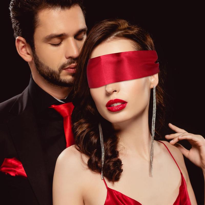 2 count Blindfold and Hand Ties for Bedroom,Blockout Light Adjustable Eye  for Sleep,150cm 59In Bind Folds for  Play,Satin Sleep Mask for Yoga,Travel, Nap, Meditation( red Black)