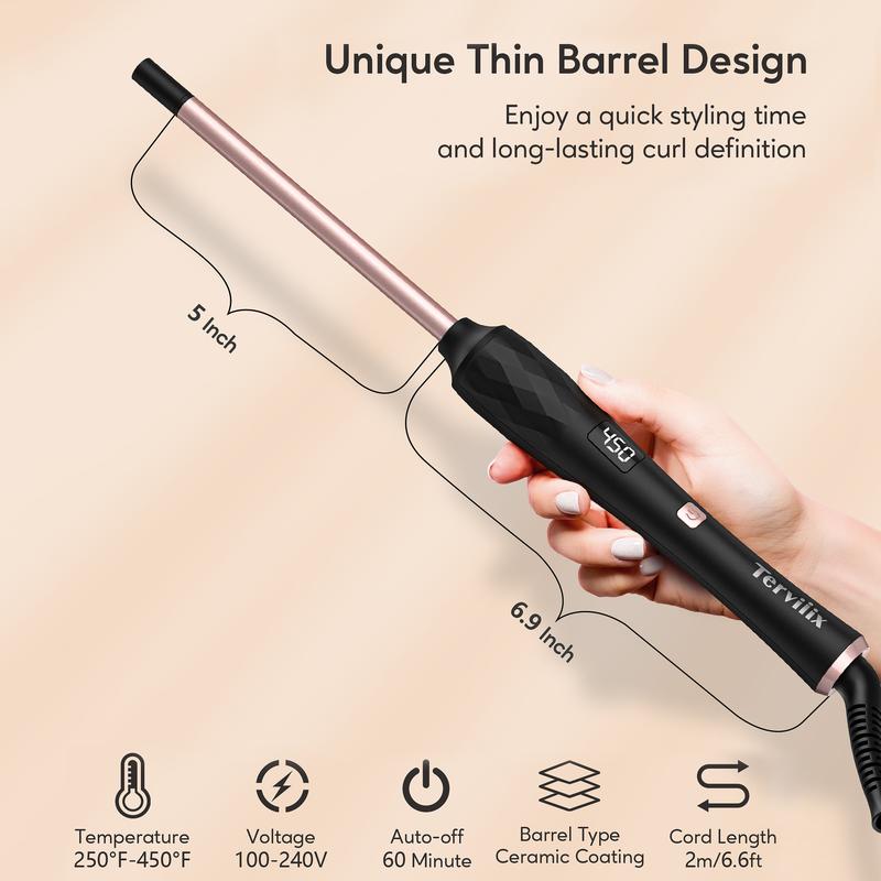 Terviiix Small Barrel Curling Iron Wand, 3 8 Inch Thin Curling Wand Iron, Argan Oil and Keratin Infused Ceramic Curler with Digital Adjustable Temperature & Auto-Off, 9mm