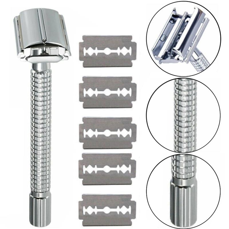 Safety Razor For Men Double Edge Stainless Steel With 5 Blade Mirror Travel Case Smooth Comfort