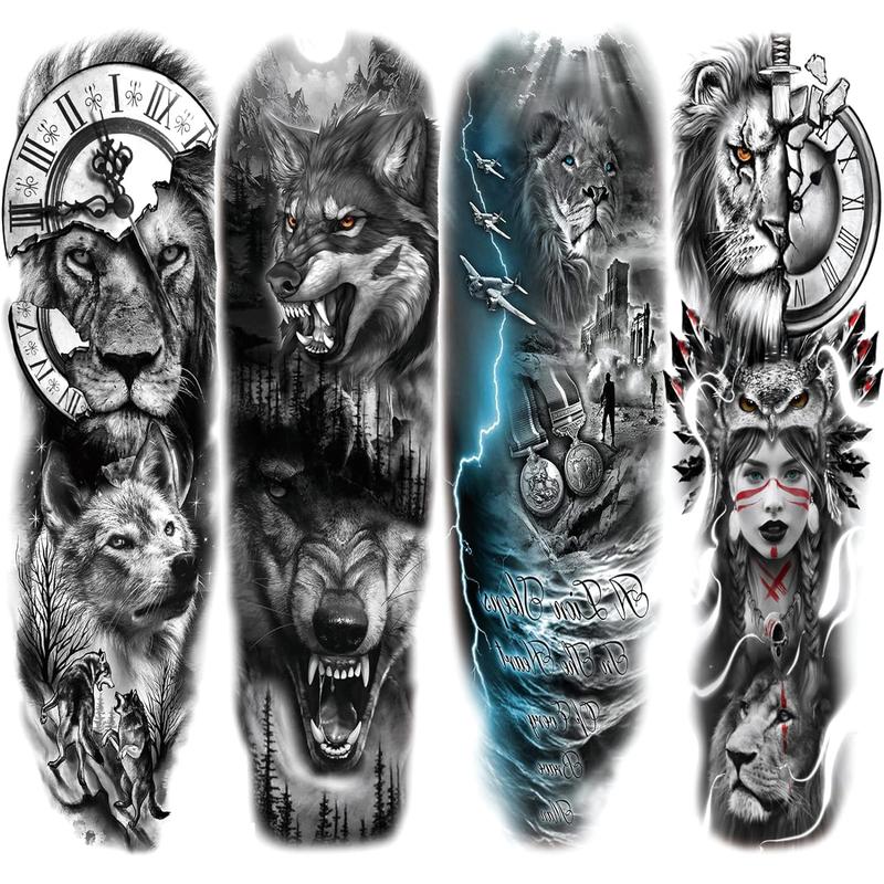 Trending! Lion Wolf Tribal Tattoo Sleeve - Large Full Arm! Animal Tribal Fake Tattoos Sleeve for Men and Women, Adult. Long Lasting Black Arm Temp Tatoo Sticker for Leg Art Makeup. 4-Sheet Set. Get a Bold and Dramatic Tattoo Look!