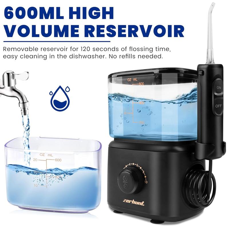 Christmas 2024 Gifts Zerhunt Dental Water Flosser Teeth Cleaner - High Frequency Pulsed Electric Oral Irrigator with 5 Interchangeable for Braces, Implants, Bridges, 600ML Large Capacity Water Flosser Electric rechargeable  water