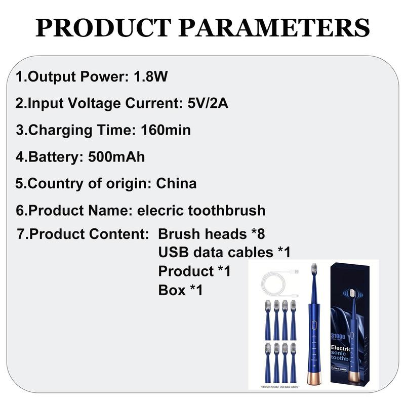 Electric Toothbrush, 1 Box USB Rechargeable Sonic Toothbrush with 8 Counts Replacement Brush Head & Storage Box, Portable Toothbrush for Adults