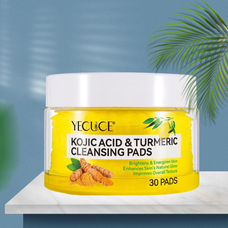 Kojic Acid & Turmeric Cleansing Pads, 30pcs box Natural Ingredients Soft Cotton Woven Skin-friendly Plant-based Cleansing Pads