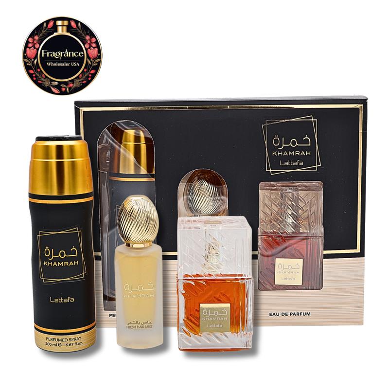 LATTAFA KHAMRAH GIFT SET EAU DE PARFUM 3.4FL.OZ, BODY SPRAY6.67FL.OZ & HAIR MIST