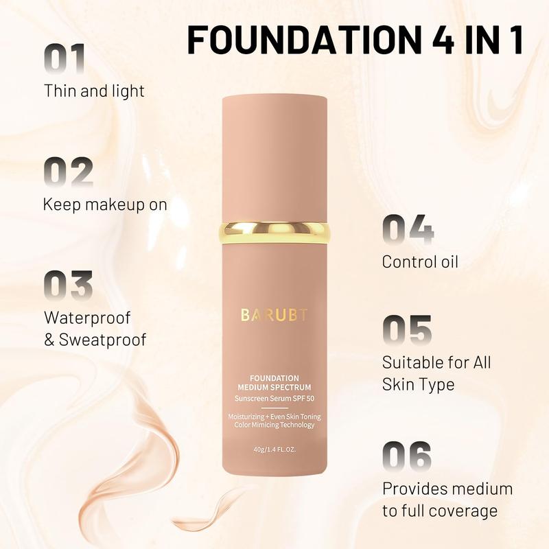 4 in 1 foundation Liquid-Moisturizing Medium Full Coverage Concealer, Waterproof and Sweatproof, SPF 50+, Suitable for All Skin Types (2PCS)