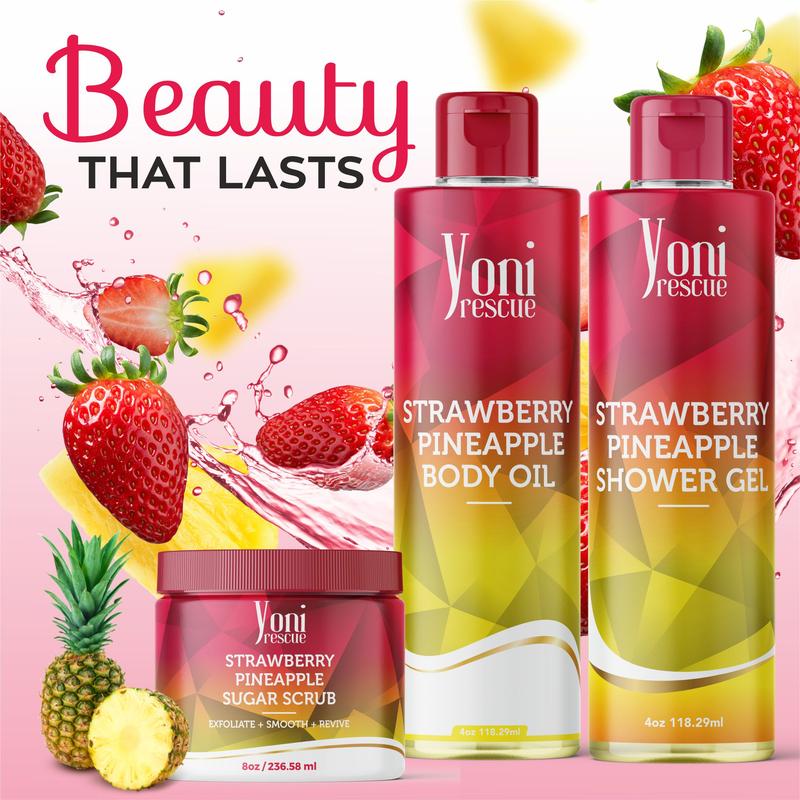 Strawberry Pineapple Body & Bath Care Set- Shower Gel(4oz),  Body Essential Oil(4oz) 100% All Natural with Sugar Scrubs(8oz) by Yoni Rescue