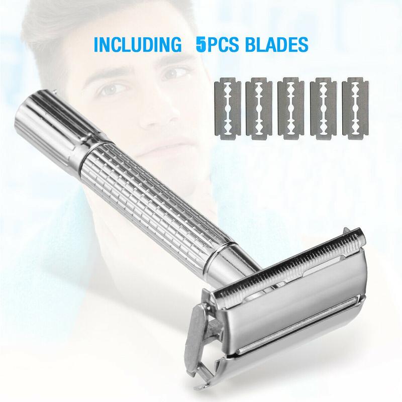 Safety Razor For Men Double Edge Stainless Steel With 5 Blade Mirror Travel Case Smooth Comfort