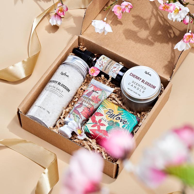 Cherry Blossom Spa Set for Women - 5pcs Gift Set with Massage Oil, Scented Candle, Bath Salts, Hand Cream, and Soap - Comfort, Body Care