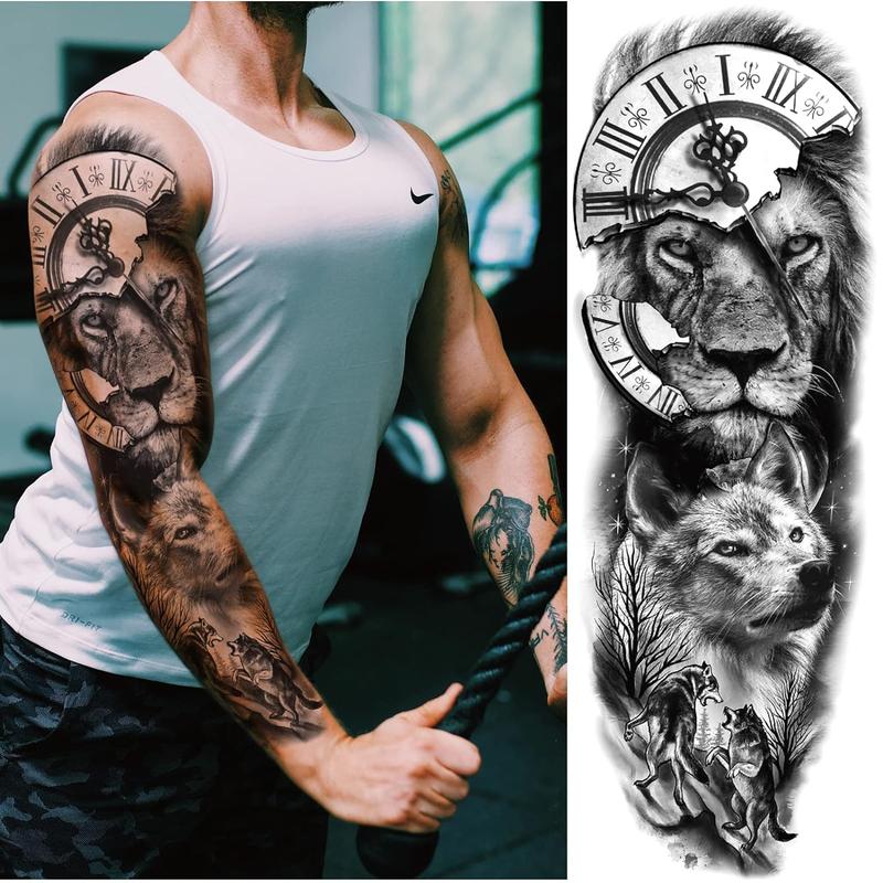 Trending! Lion Wolf Tribal Tattoo Sleeve - Large Full Arm! Animal Tribal Fake Tattoos Sleeve for Men and Women, Adult. Long Lasting Black Arm Temp Tatoo Sticker for Leg Art Makeup. 4-Sheet Set. Get a Bold and Dramatic Tattoo Look!