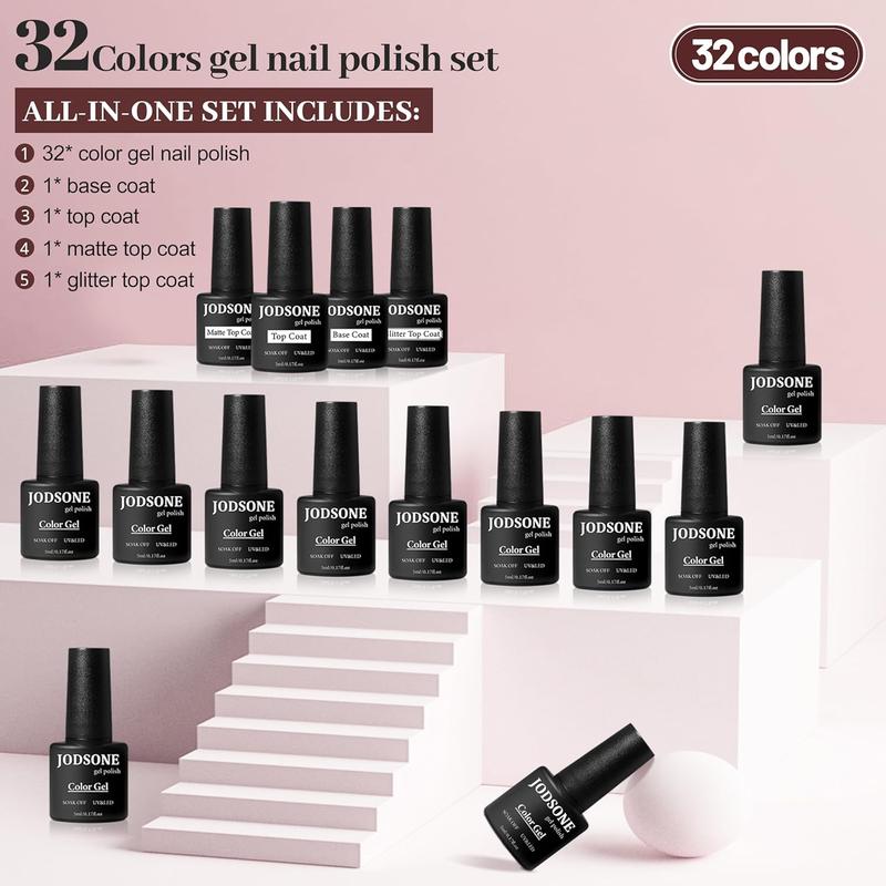 JODSONE 35 PCS Gel Nail Polish Set with 32 Colors Gel polish Kit Base Coat No Wipe Matte GlossyTop Coat Nail Polish Set Green Blue Red Pink Collection Gifts for Women Mother's day gifts