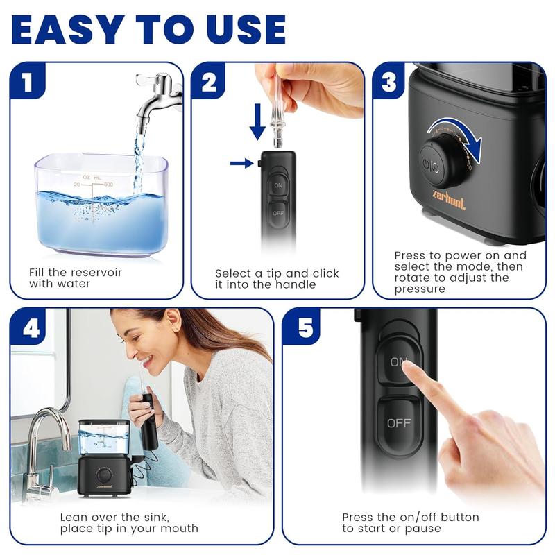 Christmas 2024 Gifts Zerhunt Dental Water Flosser Teeth Cleaner - High Frequency Pulsed Electric Oral Irrigator with 5 Interchangeable for Braces, Implants, Bridges, 600ML Large Capacity Water Flosser Electric rechargeable  water