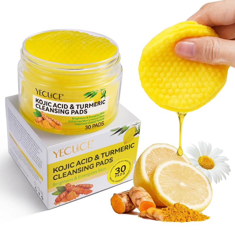 Kojic Acid & Turmeric Cleansing Pads, 30pcs box Natural Ingredients Soft Cotton Woven Skin-friendly Plant-based Cleansing Pads