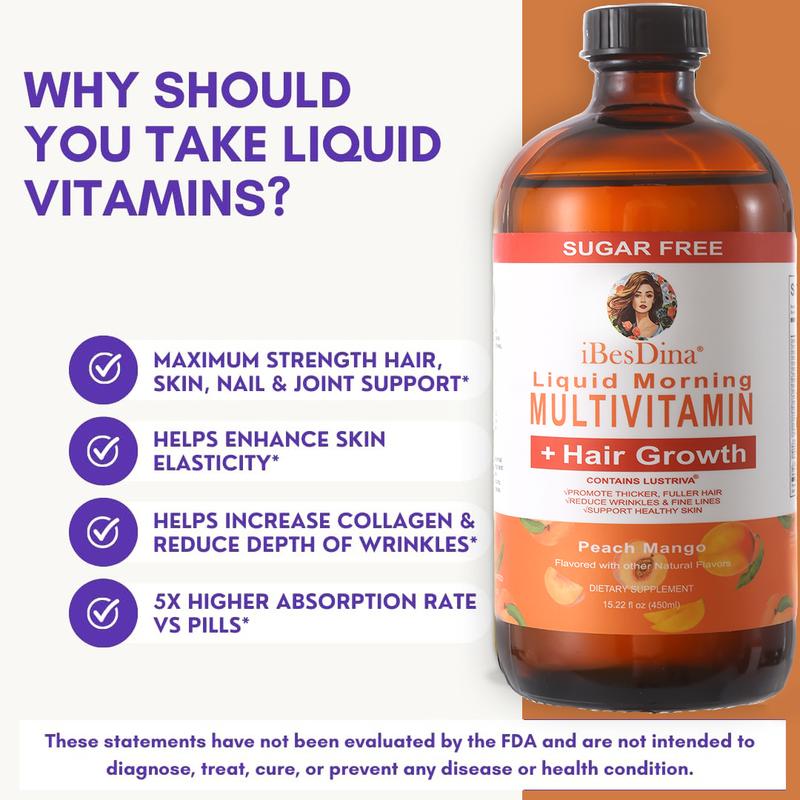 iBesDina Multivitamin + Lustriva Hair Growth Liquid Vitamins for Men&Women, Clinically Tested for Thicker Hair, Wrinkles, Fine Lines, Skin Care