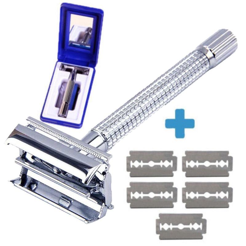 Safety Razor For Men Double Edge Stainless Steel With 5 Blade Mirror Travel Case Smooth Comfort