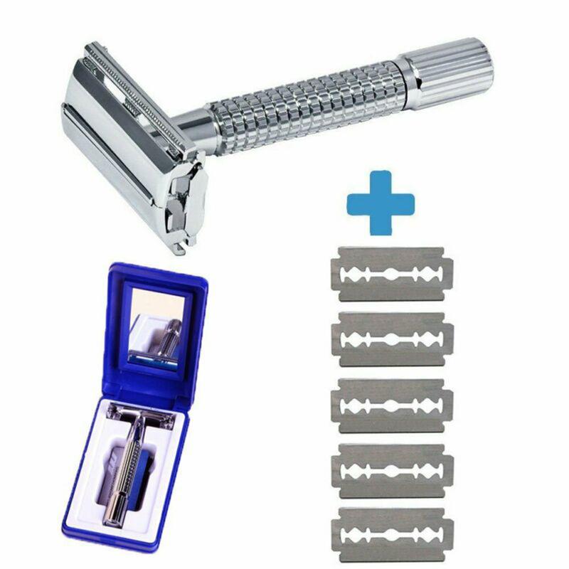 Safety Razor For Men Double Edge Stainless Steel With 5 Blade Mirror Travel Case Smooth Comfort