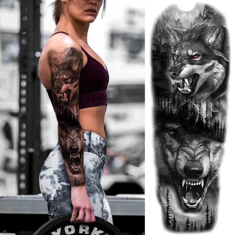 Trending! Lion Wolf Tribal Tattoo Sleeve - Large Full Arm! Animal Tribal Fake Tattoos Sleeve for Men and Women, Adult. Long Lasting Black Arm Temp Tatoo Sticker for Leg Art Makeup. 4-Sheet Set. Get a Bold and Dramatic Tattoo Look!