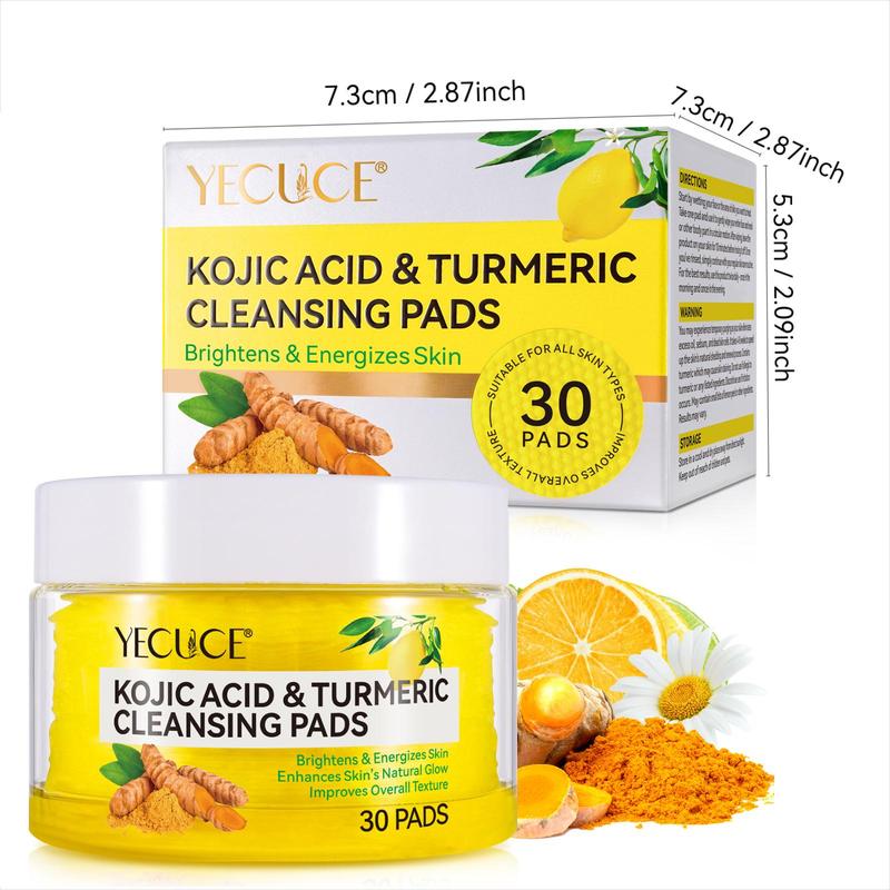 Kojic Acid & Turmeric Cleansing Pads, 30pcs box Natural Ingredients Soft Cotton Woven Skin-friendly Plant-based Cleansing Pads