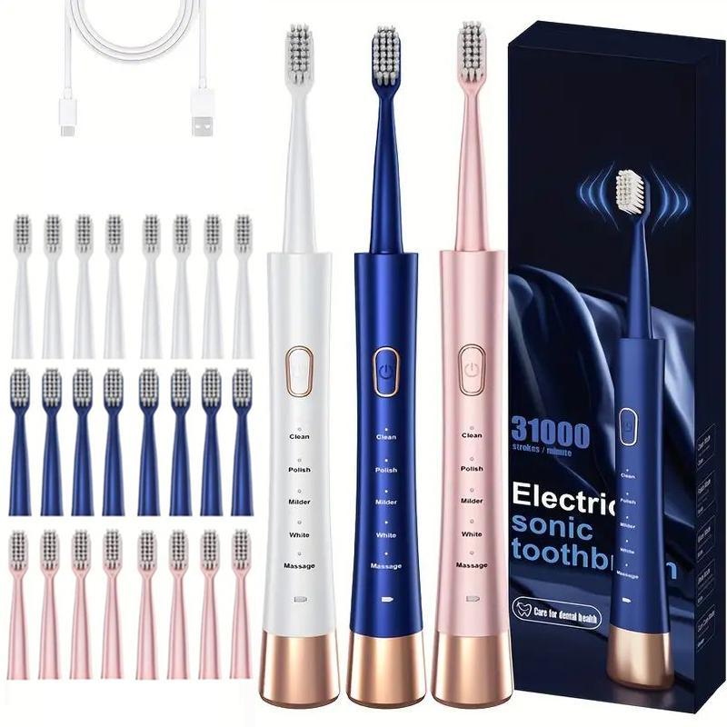 Electric Toothbrush, 1 Box USB Rechargeable Sonic Toothbrush with 8 Counts Replacement Brush Head & Storage Box, Portable Toothbrush for Adults