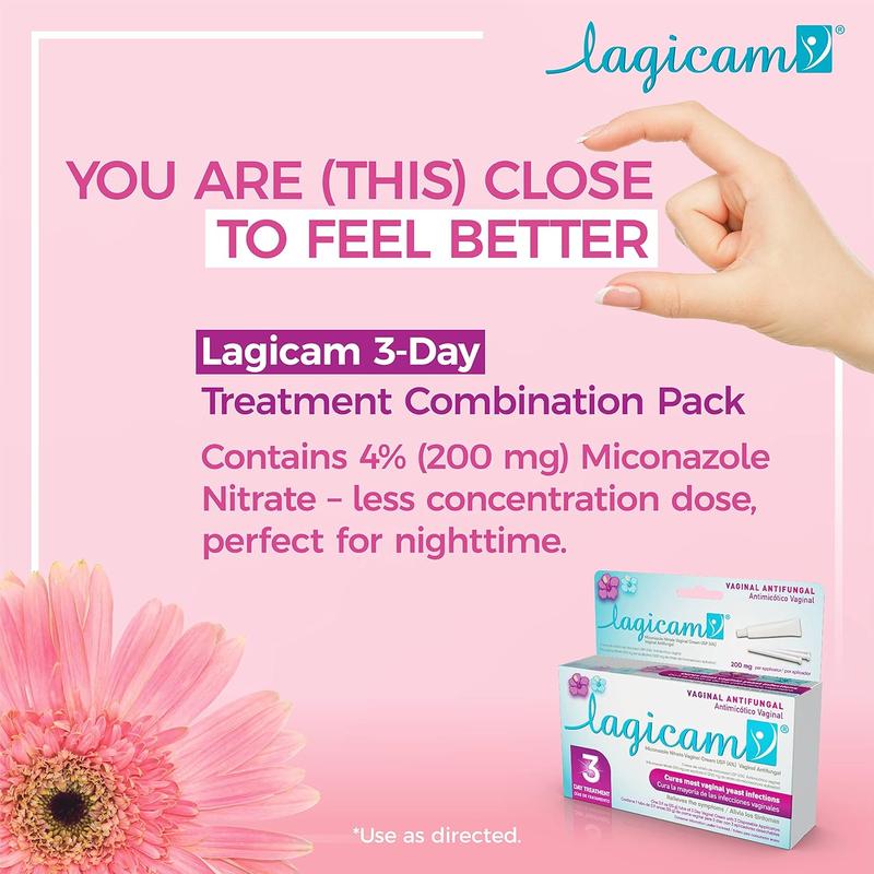 Lagicam Vaginal Yeast Infection, Antifungal 3 Day Miconazole Nitrate Treatment Cream, Relief for Itching, Burning, Odor and Discharge, 3 Applicators