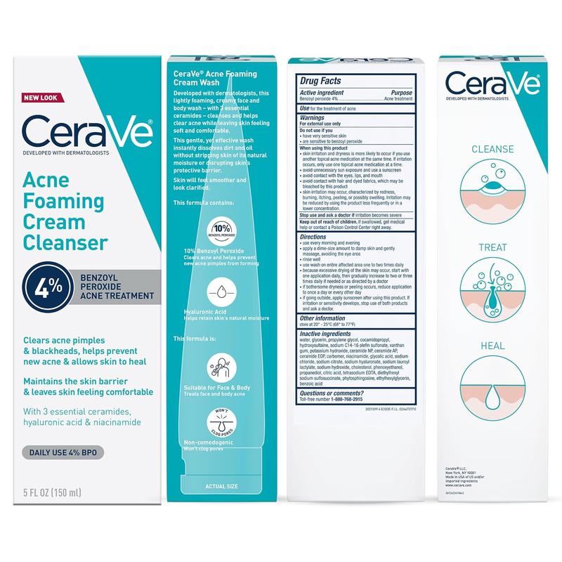 CeraVe Acne Foaming Cream Cleanser, 4% Benzoyl Peroxide Face Wash With Hyaluronic Acid, Niacinamide & Ceramides, Gentle Daily Acne Treatment For Face, Acne Skin Care That Helps Clear & Prevent Acne