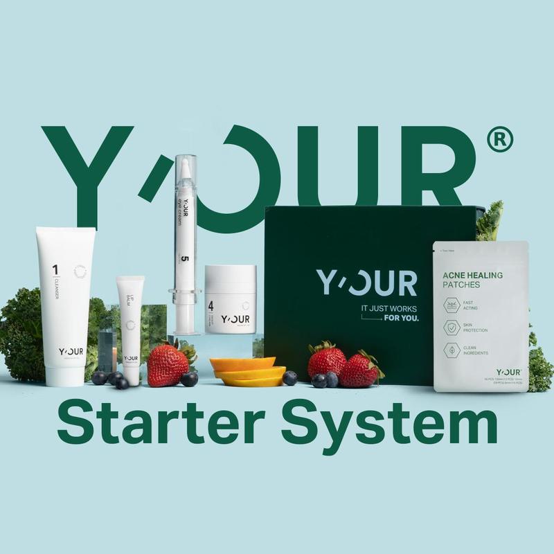 Y'OUR Starter Skincare System for All Skin Types with Purifying Cleanser, Retinol Eye Cream, Jojoba Oil Lip Balm, Squalene & Vitamins Night Cream and Hydrocolloid Acne Patches - Skin Repair Comfort Cucumber Glycolic