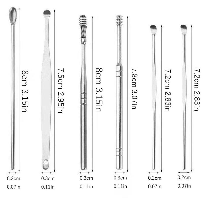 Stainless Steel Ear Wax Removal Tool Set, 6 Counts set Ear Cleaning Tools with Storage Bag, Travel Earwax Removal Products, Gift for Men & Women, Christmas Gift