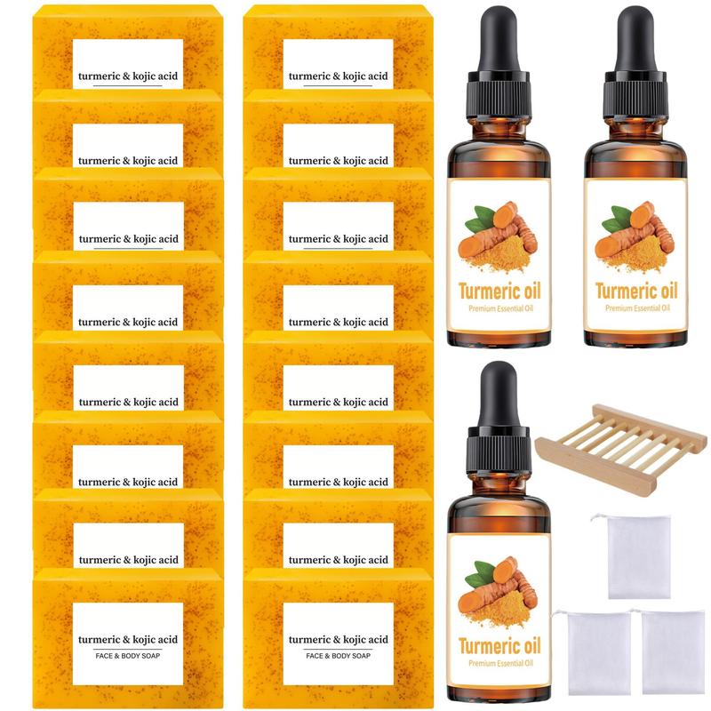 Turmeric Skincare Set, 16pcs Turmeric Kojic Acid Soap & 3 Counts Turmeric Oil & 1 Count Soap Dish & 3 Counts Soap Bag, Body & Face Care for Women & Men