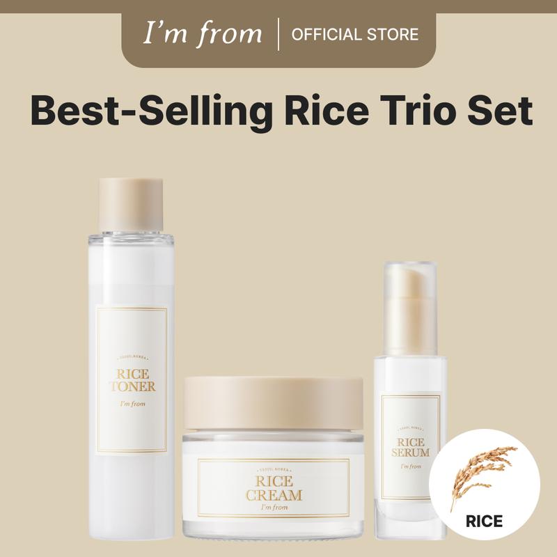 [I'M FROM OFFICIAL SHOP] Korean Best-selling Rice Toner, Rice Cream, Rice Serum - Milky Toner for Glowing Skin, Korean Rice, Glow Essence with Niacinamide, Hydrating for Dry, Dull, Combination Skin, Vegan, Fragrance Free Moisture Set Skincare Nourishing