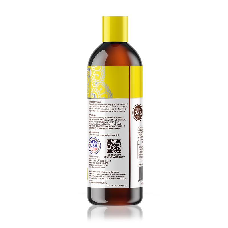 GuruNanda Castor Oil - Pure Cold Pressed & Hexane Free for Hair, Nails Eyebrows & Eyelashes - Skin Moisturizer - 8 oz