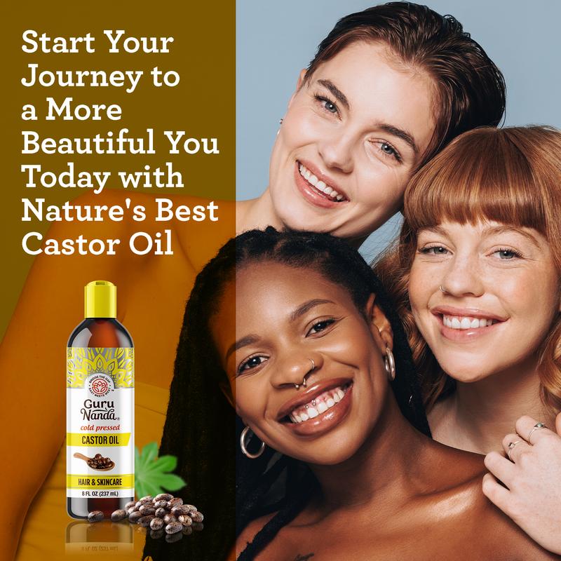 GuruNanda Castor Oil - Pure Cold Pressed & Hexane Free for Hair, Nails Eyebrows & Eyelashes - Skin Moisturizer - 8 oz