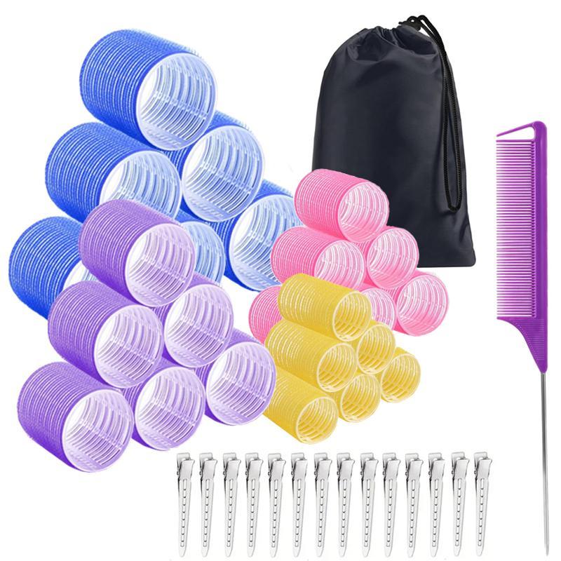 Mixed Color Hair Roller Set with Storage Bag, 39pcs set Heatless Hair Curler Set Including 24 Self Grip Hair Rollers, 14 Hair Clips and 1 Comb, Heatless Hair Styling Tool for Women