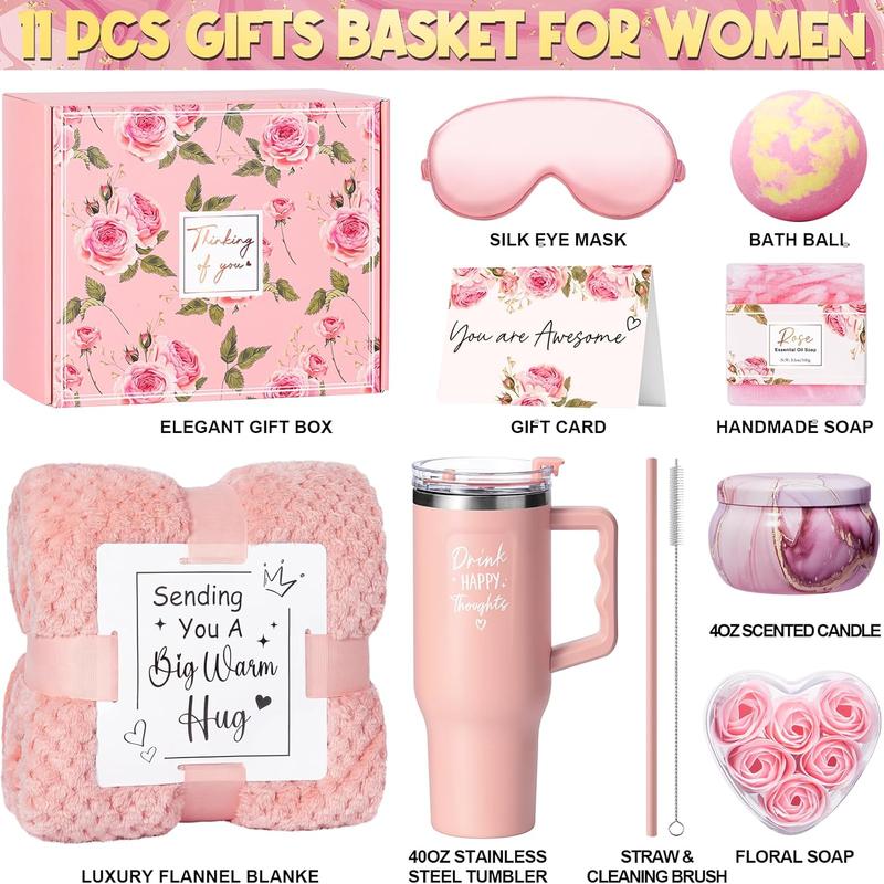 Birthday Gifts for Women Self Care Gifts Get Well Soon Gifts, Rose Relaxing Spa Gifts Basket Care Package w  Luxury Flannel Blanket 40 oz Tumbler, Christmas Gifts Idea for Mom Her Friends Sister Wife