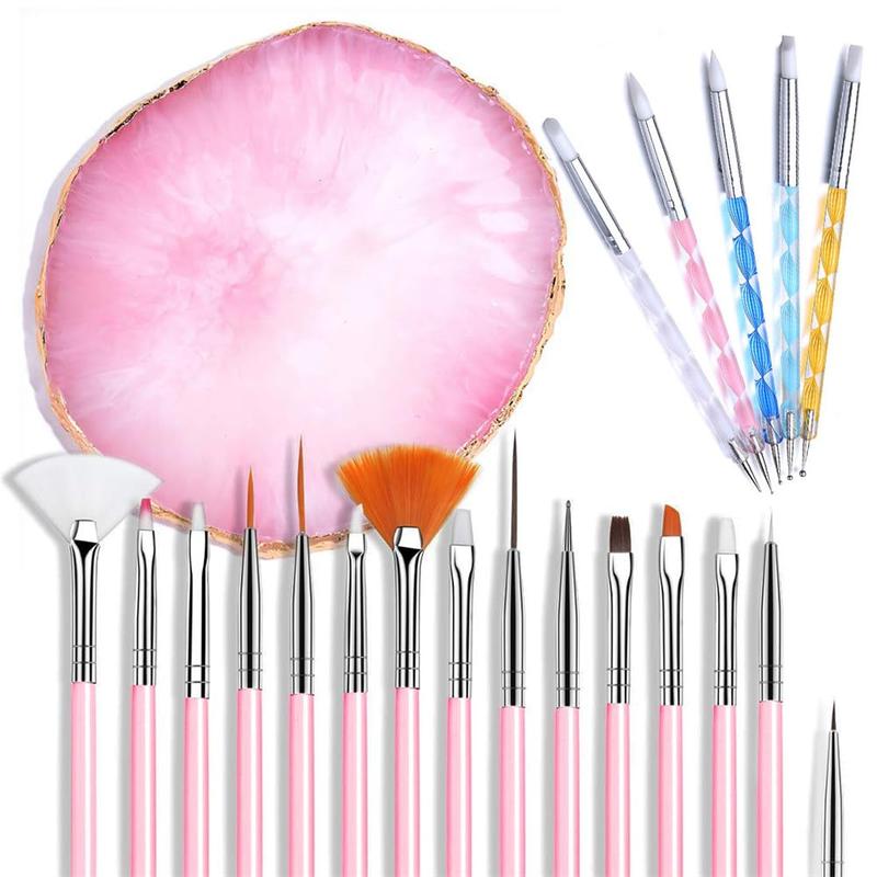 21-pcs pink nail art tool set with brushes, palette, carving pens etc., for home salon DIY nail art and makeup display.