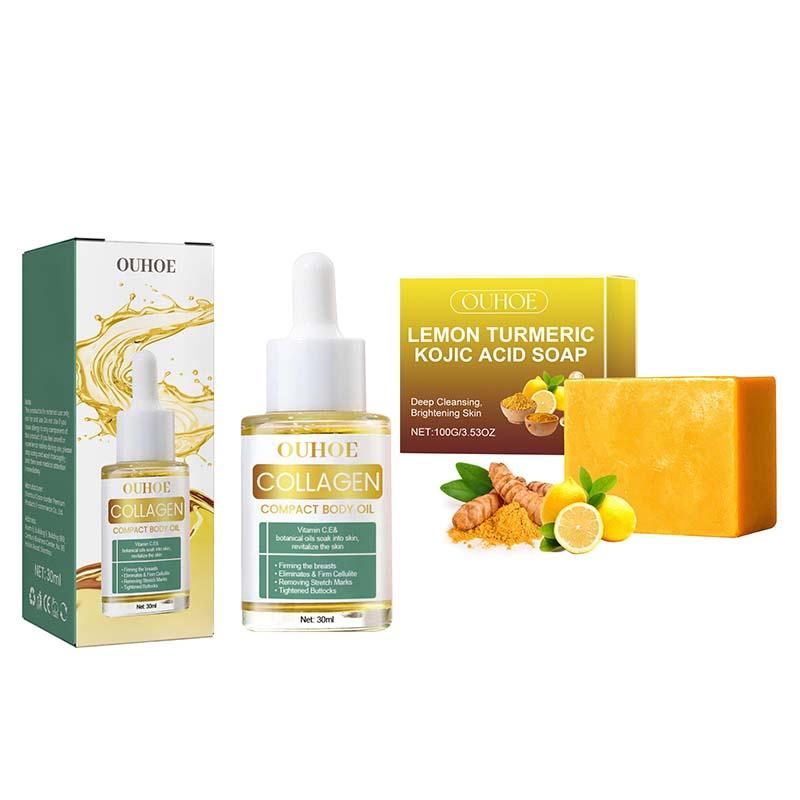 Lemon Turmeric Collagen Soap & Body Oil Set, Deep Cleansing Skin Exfoliating Body Care Set, Body Care Products for Women & Men