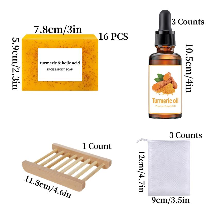 Turmeric Skincare Set, 16pcs Turmeric Kojic Acid Soap & 3 Counts Turmeric Oil & 1 Count Soap Dish & 3 Counts Soap Bag, Body & Face Care for Women & Men