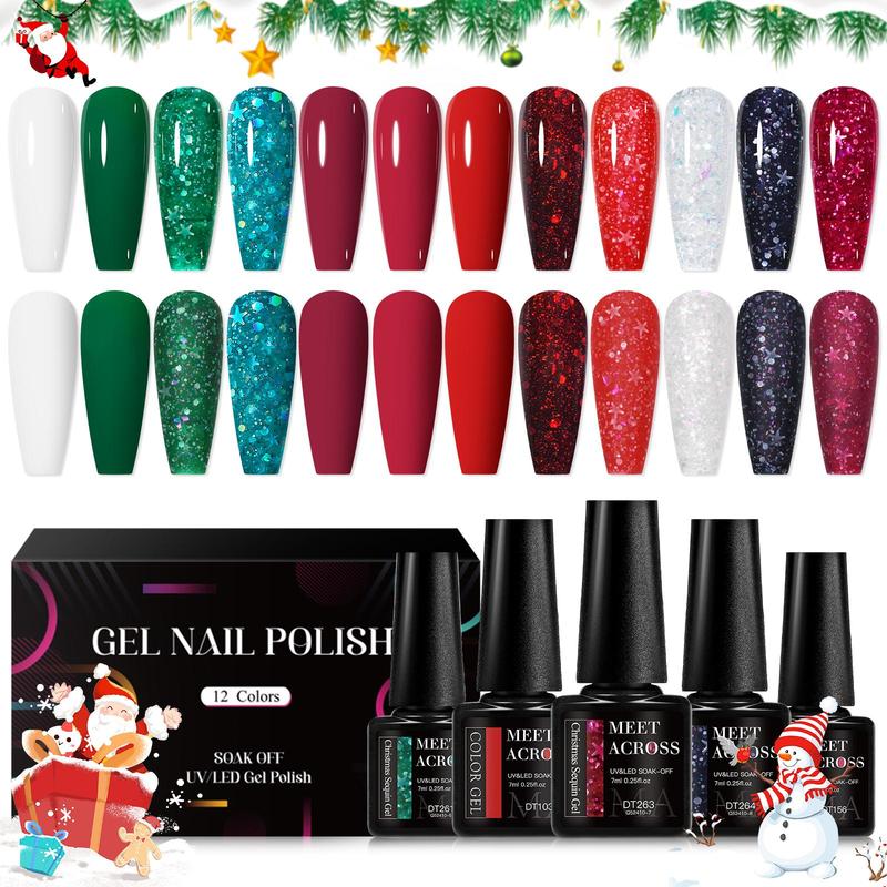 Color Gel Nail Polish Set, 12pcs set Winter Colors Semi Permanent Sparkle Gel Nail Varnish, UV LED Soak Off Gel Nail Polish