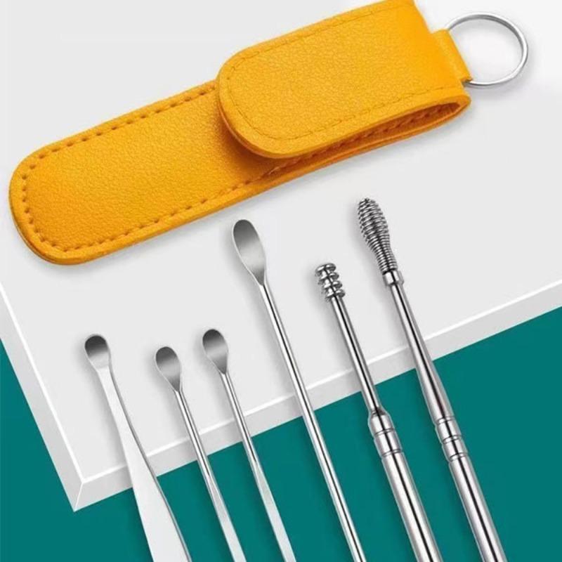 Stainless Steel Ear Wax Removal Tool Set, 6 Counts set Ear Cleaning Tools with Storage Bag, Travel Earwax Removal Products, Gift for Men & Women, Christmas Gift