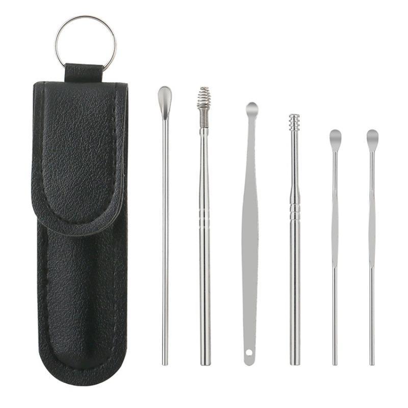 Stainless Steel Ear Wax Removal Tool Set, 6 Counts set Ear Cleaning Tools with Storage Bag, Travel Earwax Removal Products, Gift for Men & Women, Christmas Gift