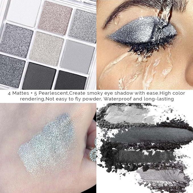 Black Silver Gray Smokey Eyeshadow Palette,Black and White and Sparkly Eye Shadow,Highly Pigmented Black Smokey Radiance Eyeshadow Palette,Long Lasting Waterproof Blendable Womens Eyeshadow Dark