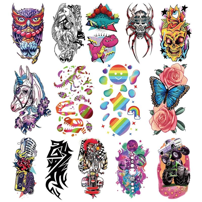 52 PCS Temporary Tattoos for Full Arm Sleeve Fake Tattoos, Dinosaur Monster Car Planet Spider Shark Sticker for , Princess Castle Dolphins Temporary Tattoos for