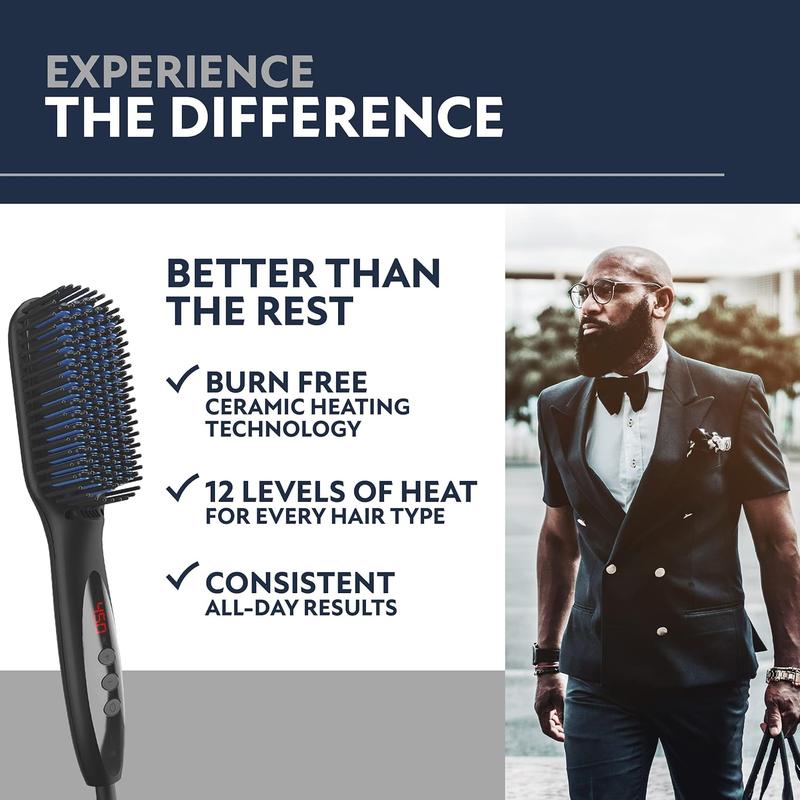 Beard Straightener for Men -Premium Heated Beard Brush Kit w Anti-Scald Feature, Dual Action Hair Comb Case for Medium to Long Beards Gift Comfort