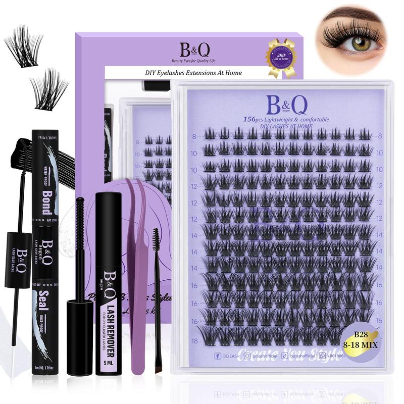 B&Qaugen Lash Extension Kit, B28 Manga DIY Cluster Lashes Extension Kit, 156pcs 8-18mm Mixed Spiky Eyelash Extension Kit, Beginner Friendly with Lash Bond and Seal, Glue Remover and Lash Tweezer at Home, Makeup Products, Cosmetic, Lash Extensions