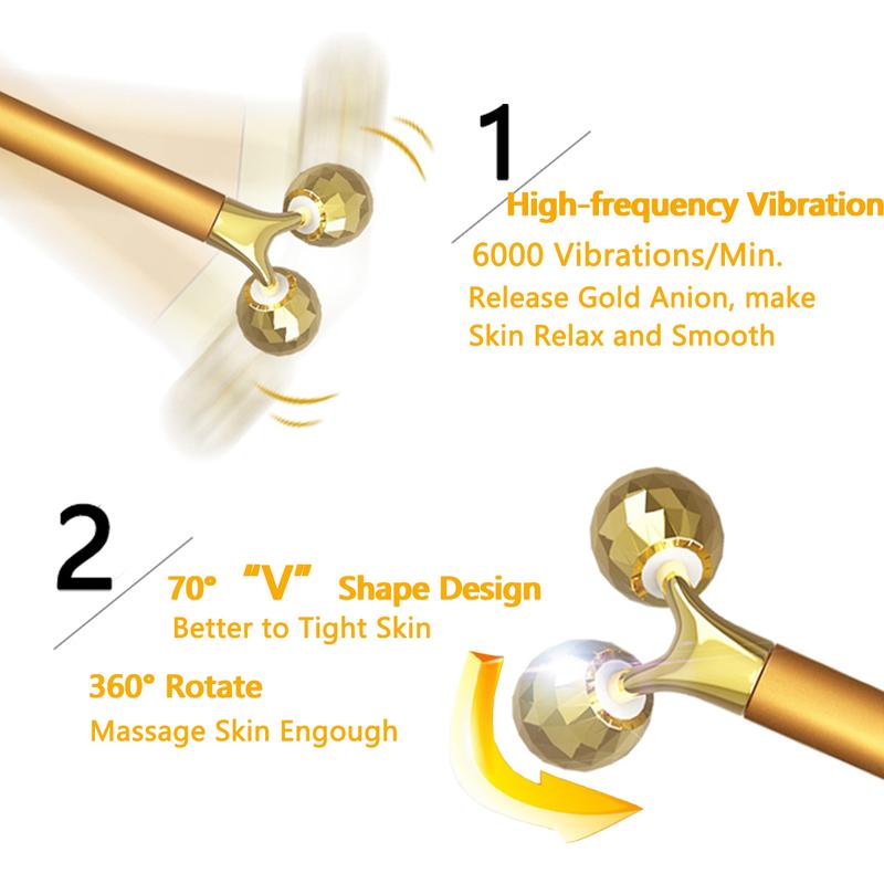 Yeamon 2-in-1 Gold Massage Stick, Face Massager Golden Facial Electric 3D Roller and T Shape Arm Eye Nose Massager Skin Care Tool