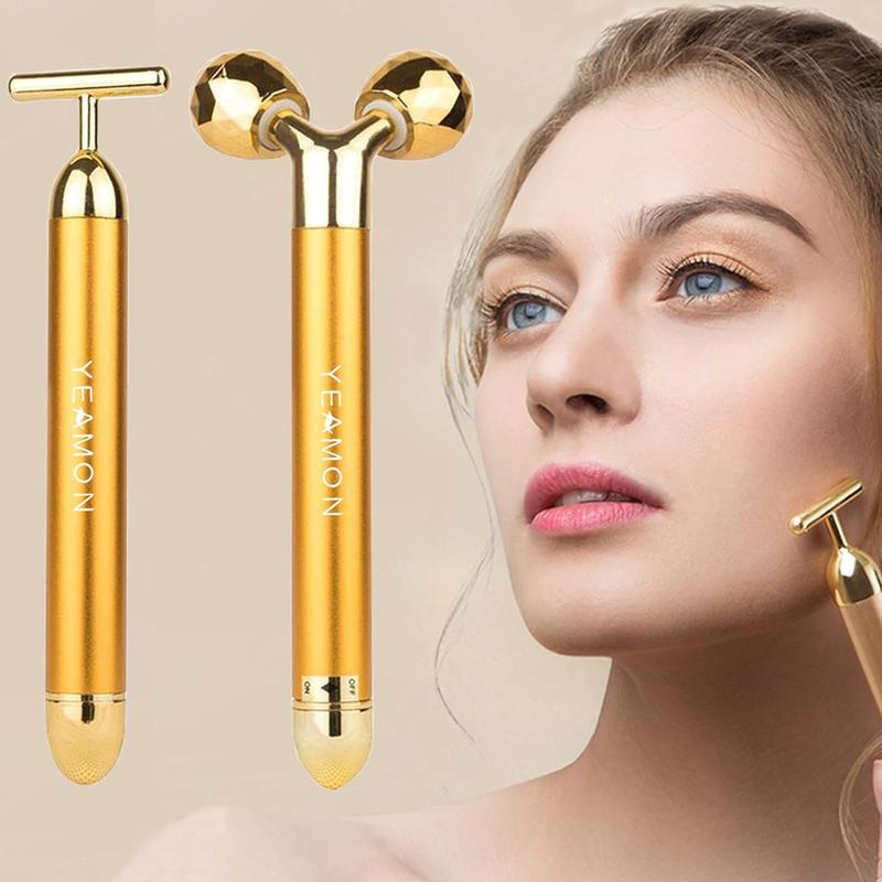 Yeamon 2-in-1 Gold Massage Stick, Face Massager Golden Facial Electric 3D Roller and T Shape Arm Eye Nose Massager Skin Care Tool