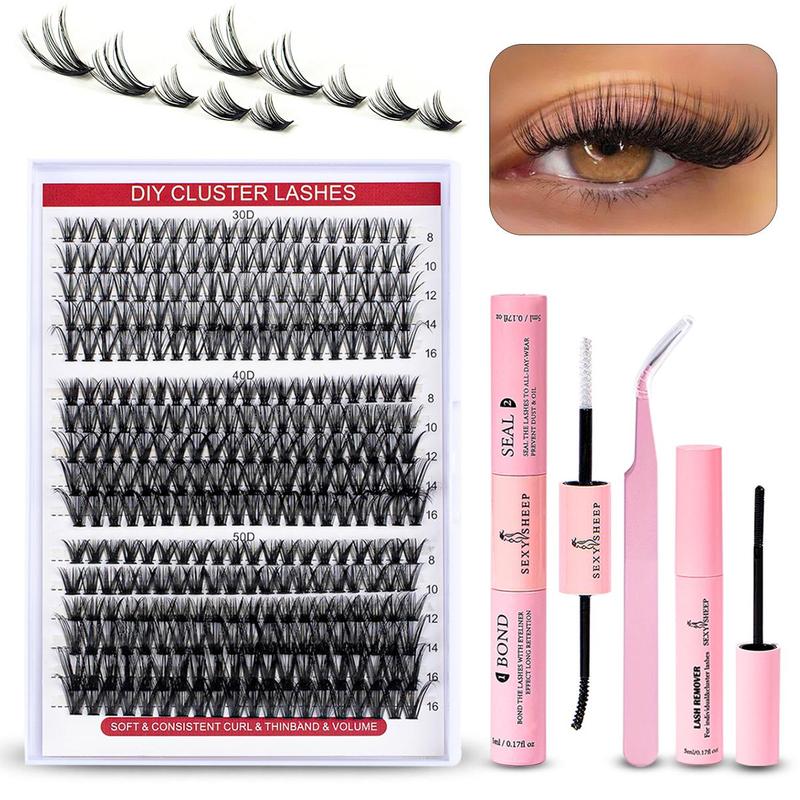 Summer Eyelash Extensions Set, 1 Set Fluffy False Eyelashes Set & Eyelash Tweezers & Eyelash Glue & Eyelash Remover, Professional Makeup Accessories for Women, Lash Clusters, Lash Palettes, Fall Gift