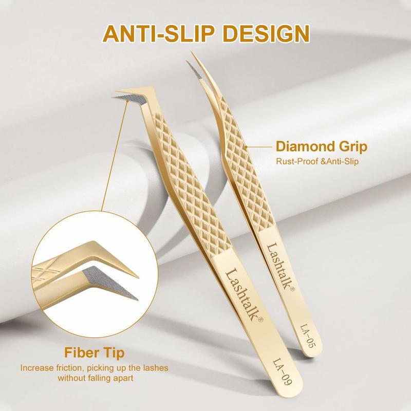 Precision Fiber Tip Tweezer, 1 Count Eyelash Extensions Diamond Grip, Anti-slip Premium Gold Stainless Steel Makeup Tool