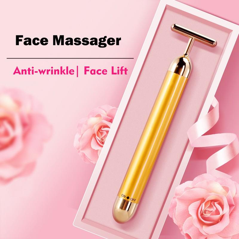 Yeamon 2-in-1 Gold Massage Stick, Face Massager Golden Facial Electric 3D Roller and T Shape Arm Eye Nose Massager Skin Care Tool